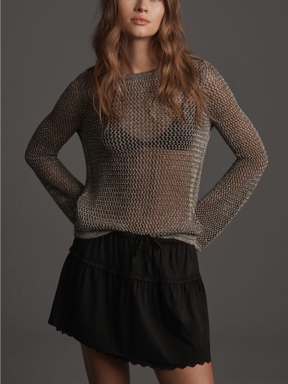 By Anthropologie Metallic Open Stitch Sweater, size M Silver